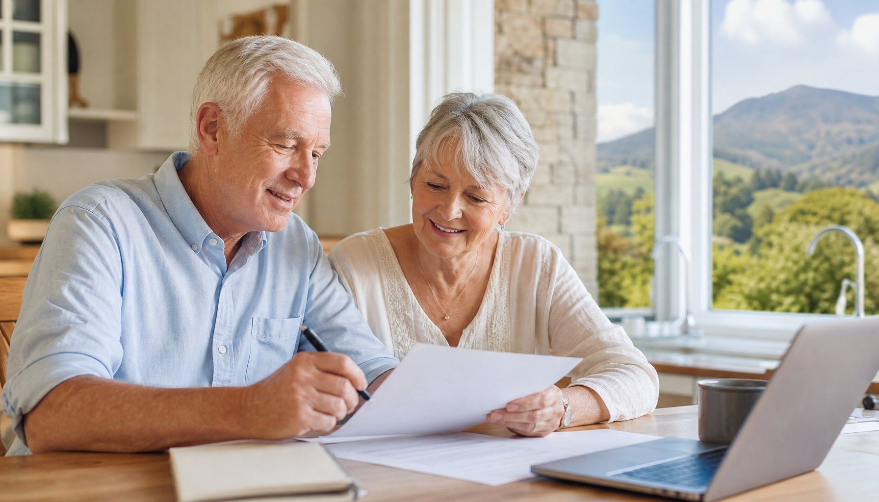 North Carolina seniors reviewing hospital indemnity insurance documents at home