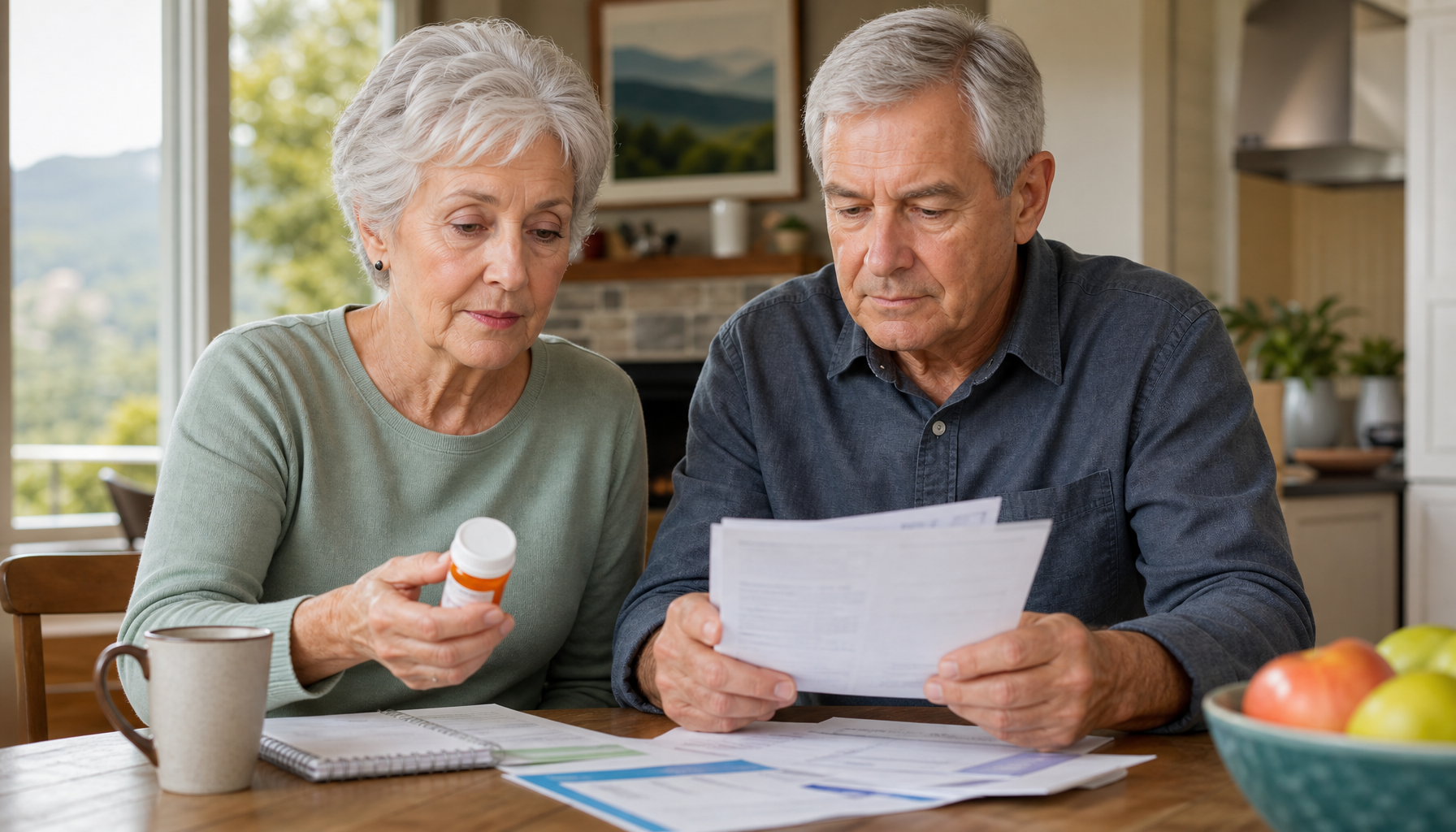 North Carolina seniors reviewing Medicare Part D formulary changes paperwork with prescription bottles on table