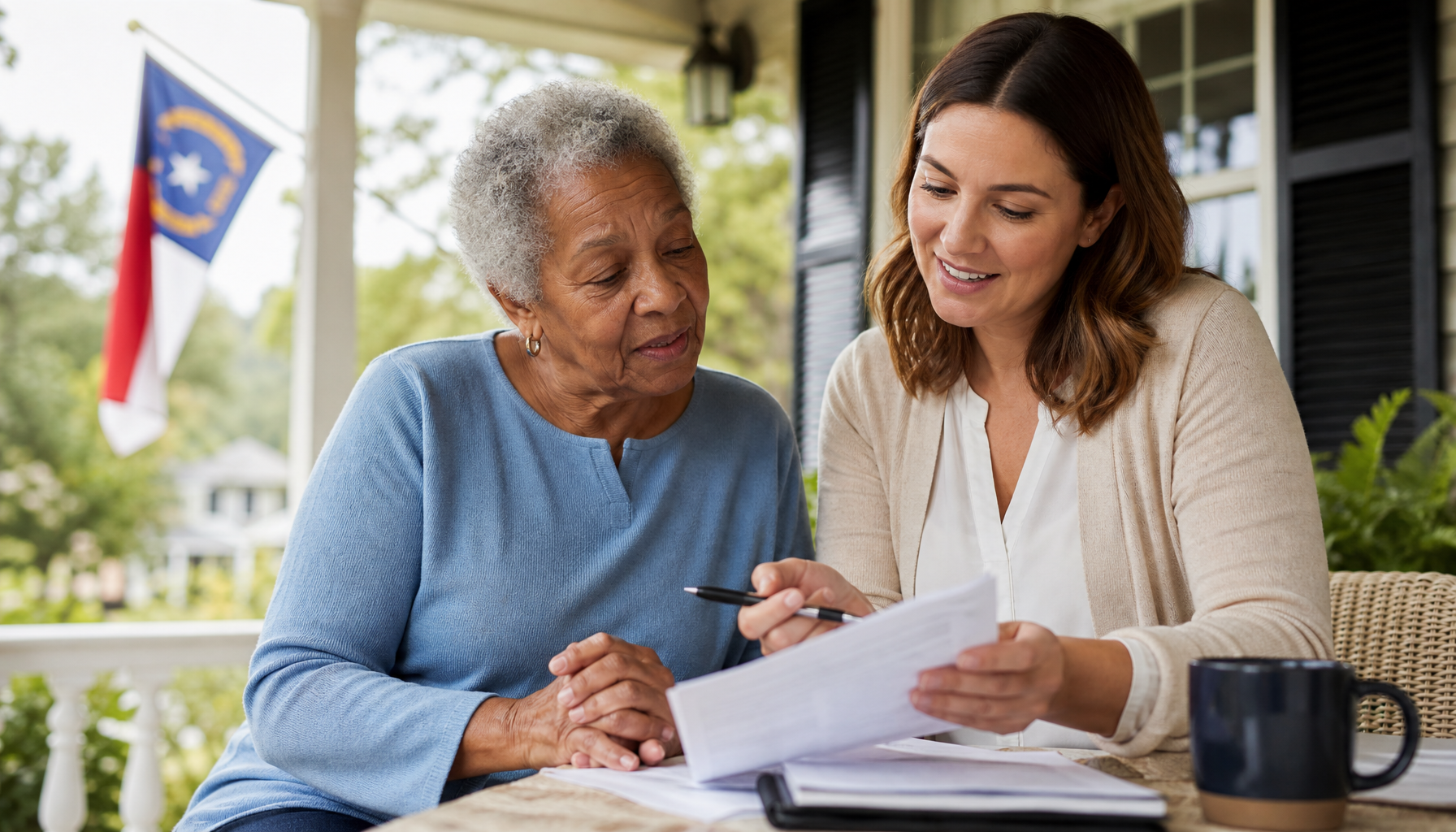 Senior couple reviewing Medicare Savings Programs paperwork in North Carolina